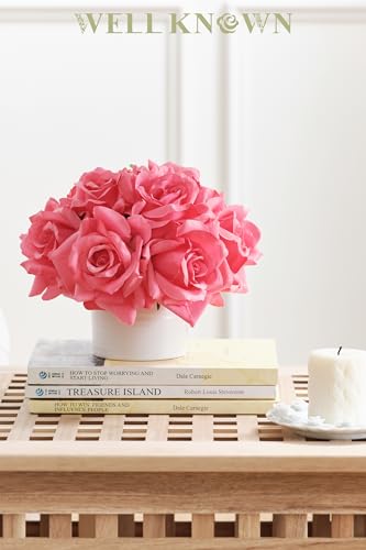 WELL KNOWN Artificial Flowers in Vase, Silk Rose Arrangement Mini Potted Fake Flowers with White Ceramic Vase for Home Wedding Vanity Coffee Table Centerpiece Bathroom Anniversary Decor (Hot Pink) - color: Rose, Hot Pink