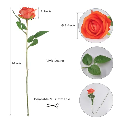 Kenpal Realistic Fake Roses Artificial Flowers with Stem for Decoration Floral Arrangement Centerpieces Wedding Bouquets (10, Orange) - color: Orange