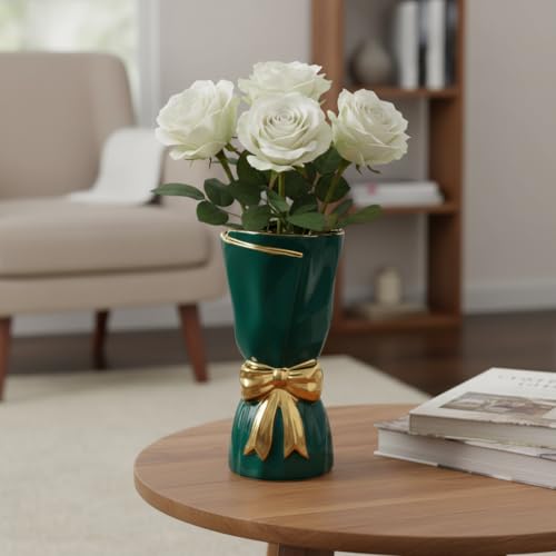 Modrn Ceramic Vase with Bow - 10 inch Green Vases Home Decor, Glazed Centerpiece Vase for Kitchen and Coffee Table, Shelf, Fireplace, Outdoor Table Decor - color: Dark Green, size: 10 inch