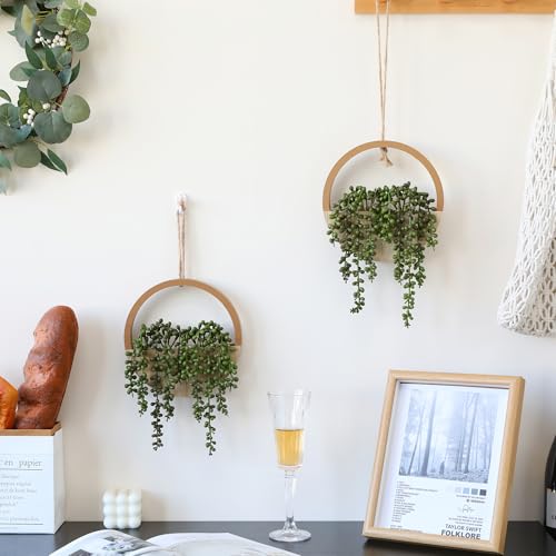 Floweroyal 2pcs Artificial Succulents Hanging Plants 20.1'' Fake String of Pearls in Pot with 9.4'' Lanyard for Indoor Outdoor Wall Decor（Wood Color） - color: Wood Color-large-2pcs