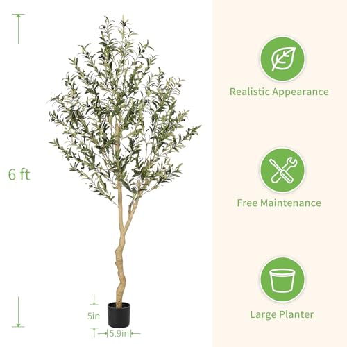 Realead Faux Olive Tree 6ft - Tall Olive Trees Artificial Indoor with Natural Trunk and Lifelike Leaves - Fake Olive Tree with Pot for Modern Home Office Living Room Decor - size: 6ft