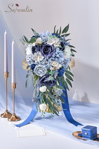 Serwalin 9.8 Inch Wedding Bouquets for Bride Bridesmaid, Dusty Blue Bridal Bouquets for Bride, Wedding Flowers Bouquet Tossing Bouquet, Wedding Ceremony and Anniversary Decoration - color: Dusty Blue