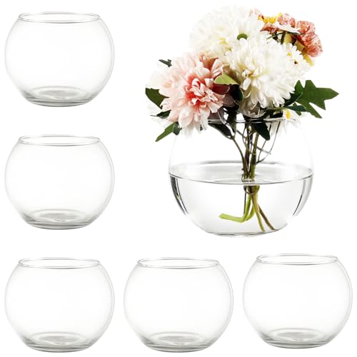 Clear Round Vases Set of 6, Flower Vases for Centerpieces, Glass Vase for Flowers, Glass Bowl Vase for Living Room, Bedroom, Kitchen, Office, Wedding, 5'' W x 4'' H - color: Clear, size: 5”