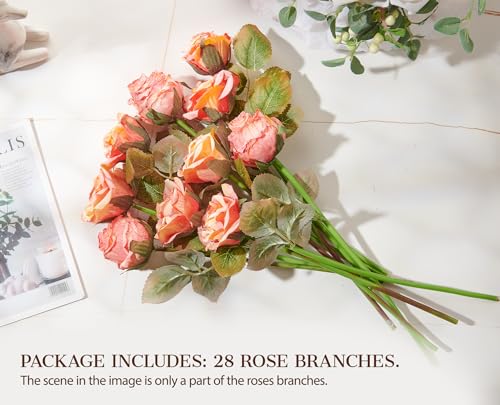 PONKING Rose Artificial Flower 28pcs Realistic Faux Silk Roses Fake Flowers Bouquets Arrangements Decor for Wedding Spring Mother's Day, Home Table Decorations, Orange Flower - color: A 28pcs Orange Rose