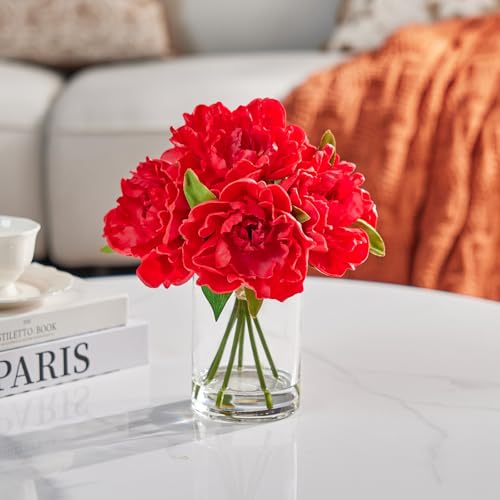 VeriNatural Artificial Red Peony Flowers with Vase – 10.6" Fake Silk Floral Arrangements in Glass Vase with Faux Water for Home Decor, Bathroom Shelf, Centerpiece, Wedding, Gift - color: Red