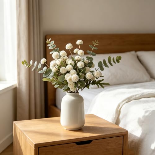 HNVNER Ivory White Faux Flowers for Vase 10PCS, Fake Flowers Mini Silk Pompon Mum Long Stem, Realistic Small Artificial Chrysanthemum for Home Decorations Kitchen Table Centerpiece Wedding - color: Ivory White
