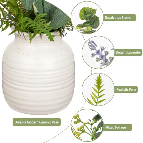 Artificial Eucalyptus & Lavender Arrangement in Ceramic Vase - 15.4" Faux Lavender Fern Leaves Plant Decor Fake Flowers Artificial Greenery in White Vintage Vase for Centerpieces Home Kitchen Decor - color: Purple