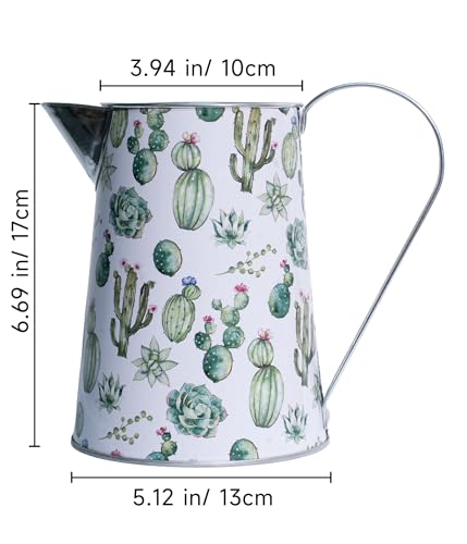 Yoillione White Metal Flower Vase with Cactus Pattern, Jug Pitcher Vase with Handle for Country Farmhouse Table Decor - color: Cactus, size: Small