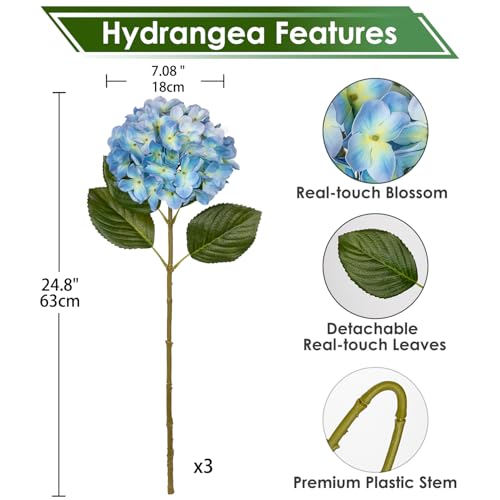 DILATATA Blue Fake Hydrangeas Real Touch Hydrangea Flowers 26" Large Artificial Hydrangea Flowers Silk Hydrangea for Wedding Bouquet, Home, Party, Store, 3pcs - color: Day Sky Blue, size: 3PCS