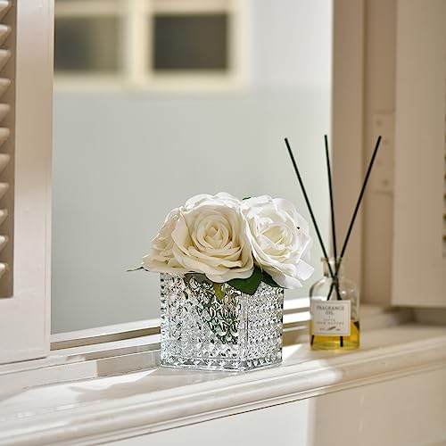 Fule Artificial Silk Rose Flower Centerpiece Arrangement in Glass Vase with LED Light for Home Wedding Decoration (Ivory) - color: Ivory