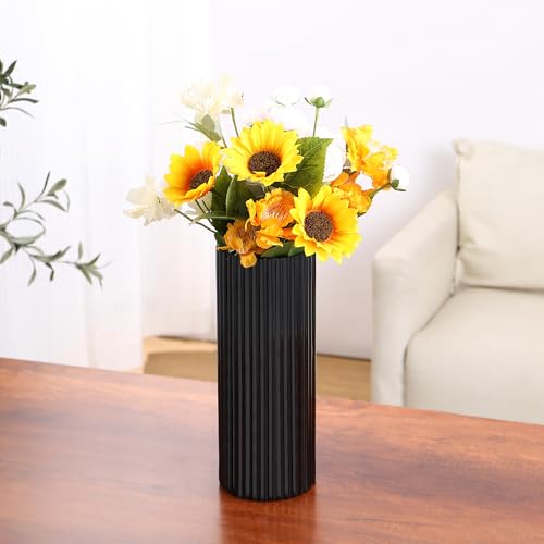 Black Glass Vase for Flowers, Ribbed Glass Vase for Tulips, Black Modern Vases, Tall Cylinder Glass Vases for Living Room, Bedroom, Dining Table, Office, Wedding, Bookshelf, 12 Inches - color: Black, size: 12''