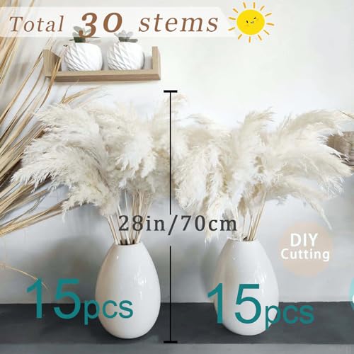 30 Stems 28" inch Large White Pampas Grass Fluffy, Boho Home Decor, Natural Fluffy Pompas Grass Pampas for Living Room Decor, Table Decor, Boho Decor Floor, Party Wedding Decor - size: 30pcs white