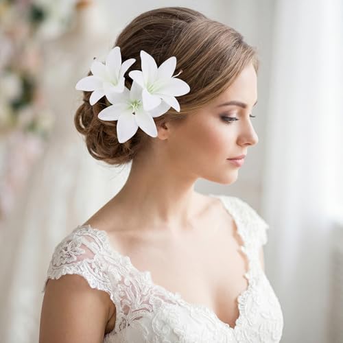 20 Heads Fake Lilies Artificial Flowers 4 Bundles White Silk Flowers with Stems Faux Lilies for Home Indoor Easter Table Decor Wedding Party Centerpieces Floral Arrangements (White) - color: White