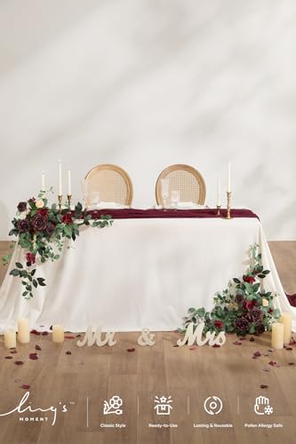 Ling's moment 2PCS Burgundy Artificial Floral Swags Wedding Arch Flowers Table Centerpieces Dark Red Rose Garland Wine Red for Sweetheart Head Table Easel Wall Entryway Board Backdrop - color: Red-bordeaux Red
