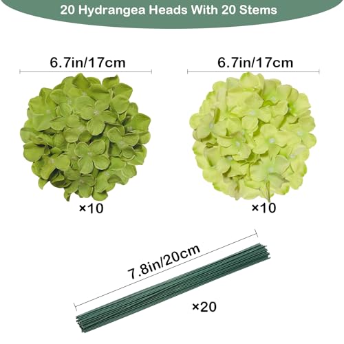 Hydrangea Artificial Flowers, 20 Pcs Green Hydrangea Artificial Flowers Bulk, Faux Hydrangea Flowers for Outdoor, Fake Silk Hydrangea Flowers with Stems for Wedding Decoration Decor - color: Green Mix, size: 20 Pcs