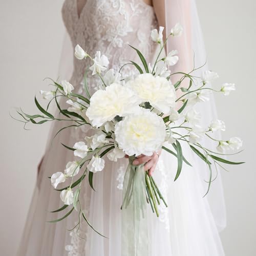 White Carnations Artificial Flowers 10Pcs Large Carnations Heads Lush Silk Flowers Bouquet with Stems for Wedding Bouquets Bridal Home Table Centerpieces(White) - color: Ivory