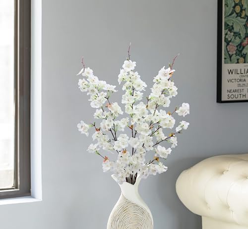3PCS Artificial Cherry Blossom Flowers Branches 42" Long Stem White Silk Cherry Blossom Tree Faux Cherry Blossom Tall Fake Flower Arrangement for Spring Summer Wedding Indoor Outdoor Decor