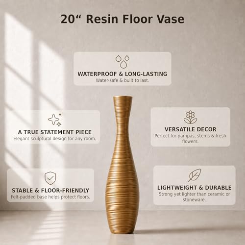 Leewadee Decorative Tall Floor Vase for Living Room Decor, 20″, Gold, Resin - color: Gold, size: 20 inches