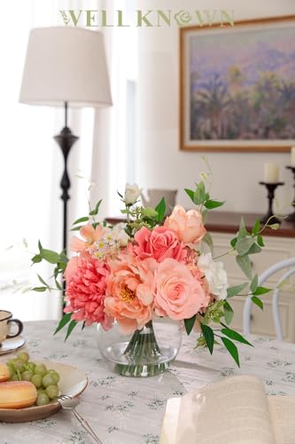 WELL KNOWN Artificial Flowers in Vase with Fake Water, Silk Peony Rose Flower Bouquet with Vase for Home Spring Decor Wedding Birthday Party Dining Table Centerpieces & Gift (Coral & Peach Plus) - color: Coral & Peach Plus