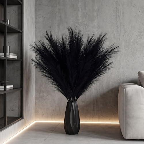 Faux Pampas Grass Tall, 9 PCS 43''/ 110 cm Large Black Pampas Grass Decor, Fake Pompas Branches, Long Feathers for Floor Vase, Boho Flower Arrangement for Home Wedding Decor (Black) - color: Black