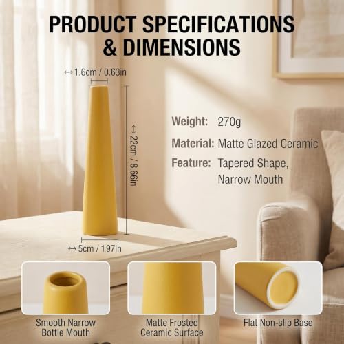 8.5 Inch Yellow Ceramic Bud Vase, Small Single Stem Flower Vase for Home Office Wedding Centerpiece Party Table Decor - color: Yellow