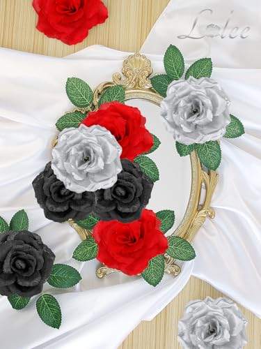 108pcs Roses Head Flowers with Stem - Red & Black Silver Graduation Artificial Flowers Rose Bulk - Silk Rose Fake Flower for Wedding Bouquet Decor DIY Baby Shower Centerpieces Grad Party Tables Decor - color: Silver-red-black