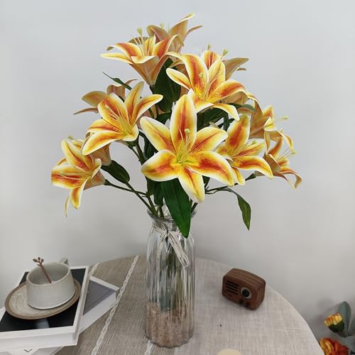 Orange Lily Artificial Flowers,6 Pcs Faux Lilies Flowers,23 Inch Long Stem Tiger Lily Branch with 3 Full Blooms and 4 Leaves, Latex Real Touch Lilium Flower for Wedding Bouquet - color: Orange
