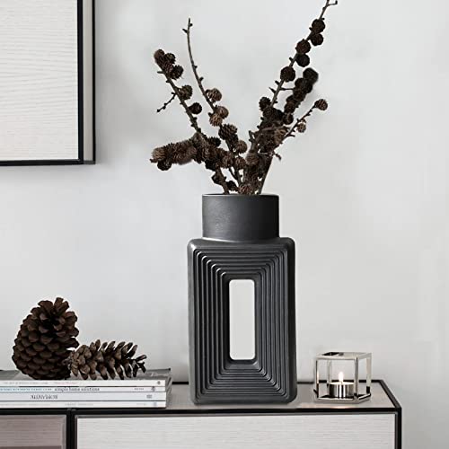 Black Ceramic Vase Set of 2，Square Vase Rustic Home Decor Minimalist Nordic Boho Style for Living Room, Shelf, Table, Bookshelf, Mantel and Entryway Decor Vases - color: Square Black