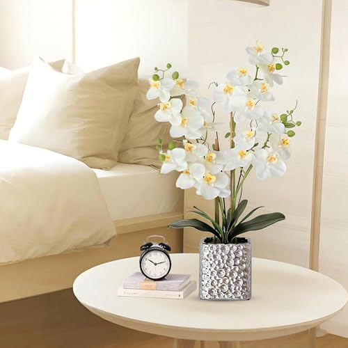Orchid Artificial Flowers with Sliver Vase Large Silk Faux Phalaenopsis Flowers for Dining Room Table Floral Centerpieces Indoor Decoration,White - color: 1302-white