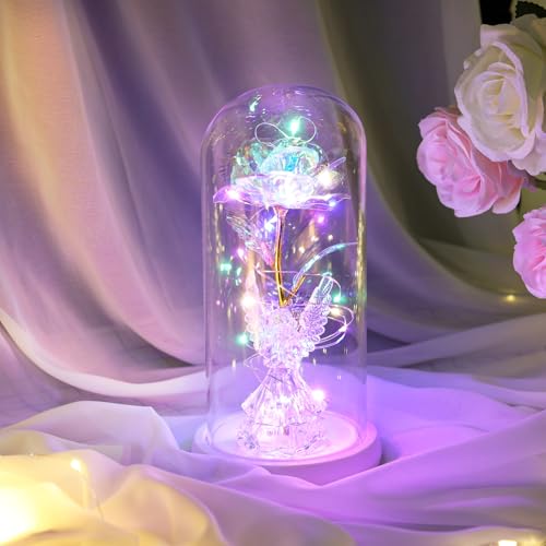 Gifts for Mom Birthday Gifts for Women Angel Rose USB Rechargeable Light Up Flowers in Glass Dome, Angel Figurine Anniversary Preserved Flowers Gifts for Mom Women Wife Grandma Her - color: New-angel