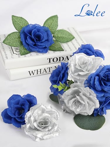 LELEE 108pcs Roses Head Flowers with Stem, Royal Blue and Silver Artificial Flowers Rose Bulk, Silk Rose Fake Flower for Baby Shower, Birthday, Graduation, Retirement, Anniversary Party Decorations - color: Silver-blue