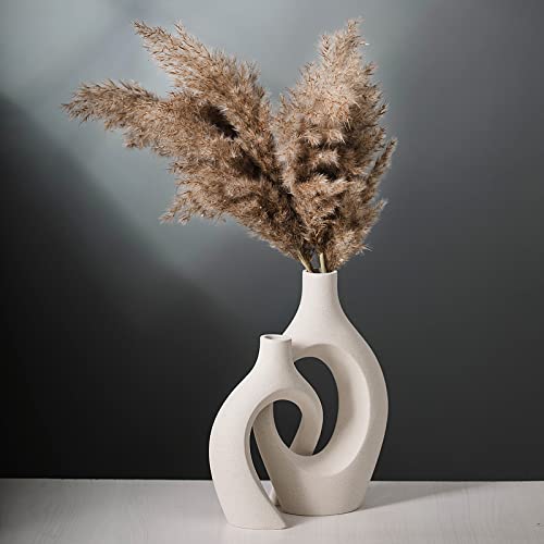 Liotww Extra Large Hollow Nordic Modern Ceramic Vases Set of 2, Milky White Aesthetic Round Donut Boho ins Style Flower Decorative Vase for Room Home Book Shelf Table Decor (Matte W 8" X H 11") - color: Super Large-matte Milky White