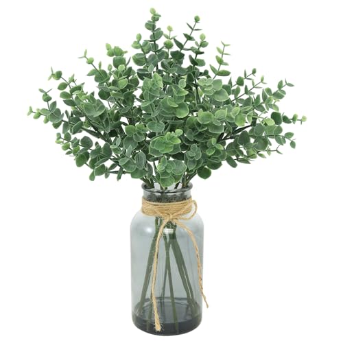 Artificial Eucalyptus Stem in Vase,Realistic Small Fake Eucalyptus Plant for Coffee Table Farmhouse Shelf Bathroom Home Office Decor (Green+Gray) - color: Green+gray