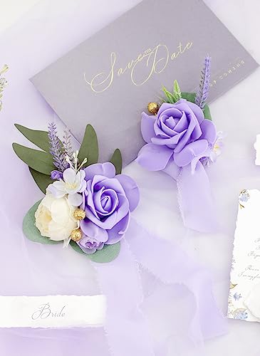 Ansofi Lavender Purple Corsage and Boutonniere Set, Prom Artificial Flower Wrist Corsage Bracelets, Homecoming Wristlet, Boutonniere for Men Wedding Flowers Accessories Prom Suit Decorations