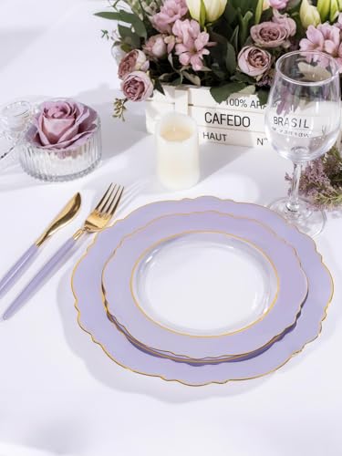 WDF 60pcs Clear Purple Plates Disposable with Gold Rim - Baroque Lavender Purple Plastic Plates for Party/Wedding/Spring/Picnic - color: Purple and Gold, size: 60PCS