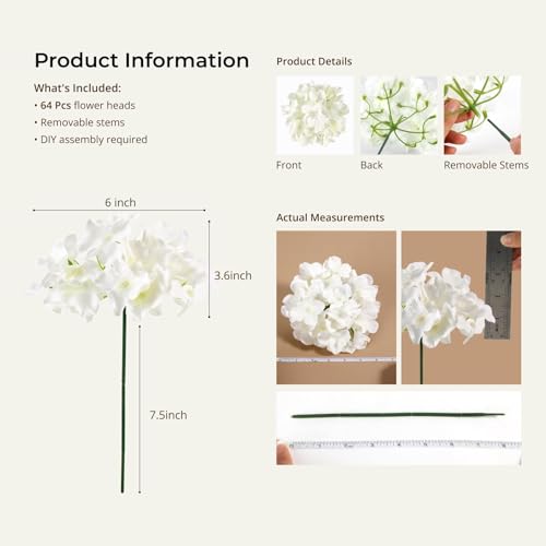 Auihiay 64 PCS Artificial Hydrangea Flowers, Silk Hydrangea Full Flowers Heads with Stems for Wedding Centerpieces, Home, Garden, Baby Shower, Party Decoration (Ivory) - color: Ivory