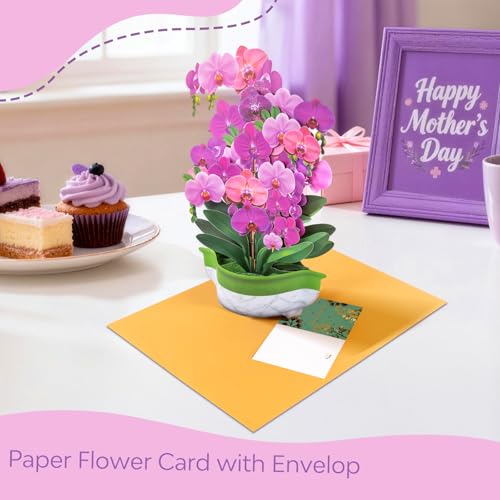 3D Pop Up Flower Bouquet Cards Set of 3 - Orchid Tulip Mothers Day Floral Collection - Birthday Anniversary Thank You for Mom Wife Grandma - Freestanding No Water Everlasting with Gold Envelopes - style: Orchid Tulip Mother's Day
