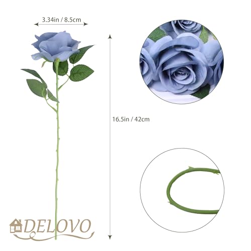 52pcs Dusty Blue Roses Artificial Flowers Fake Flowers Silk Roses with Stems for DIY Wedding Bouquets Bridal Shower Centerpieces Arrangements Party Decorations - color: Dusty Blue