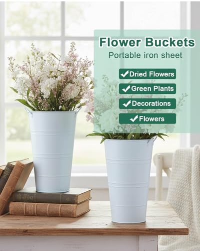vensovo 12 Inch Galvanized Metal Vases for Flowers - 6 Pcs Farmhouse Decorative Tall Flower Bucket with Handles, Rustic French Tin Planter Buckets for Wedding Decor (Pure White) - color: Pure White