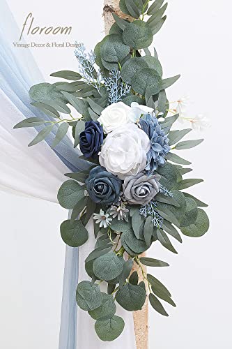 Floroom Arch Flowers with Drapes Kit (Pack of 4) - 2pcs Artificial Dusty Blue & Navy Blue Floral Swag Arrangement with 2pcs Draping Fabric for Wedding Ceremony Arbor and Reception Backdrop Decoration - color: Dusty Blue & Navy Blue