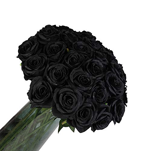 Laelfe 12 PCS Artificial Flowers Black Roses, Fake Silk Flower Long Stem Artificial Rose for Halloween Home Wedding Party Decorations(Black) - color: Black