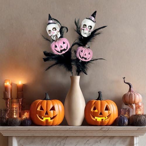 4PCS Halloween Decoration Pumpkin Artificial Floral Picks, Pink Pumpkin Skull Feather Halloween Branches Decorations for Vase Home Indoor Party Décor - color: Pumpkin & Skull 4pcs