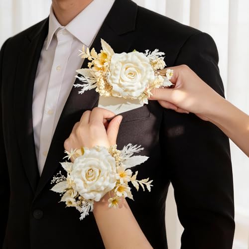Serwalin 2Pcs Corsage and Boutonniere Set,Champagne Rose Corsage Wristlet and Pocket Boutonniere for Prom Wedding Homecoming Anniversary Graduation - color: Athens Champagne
