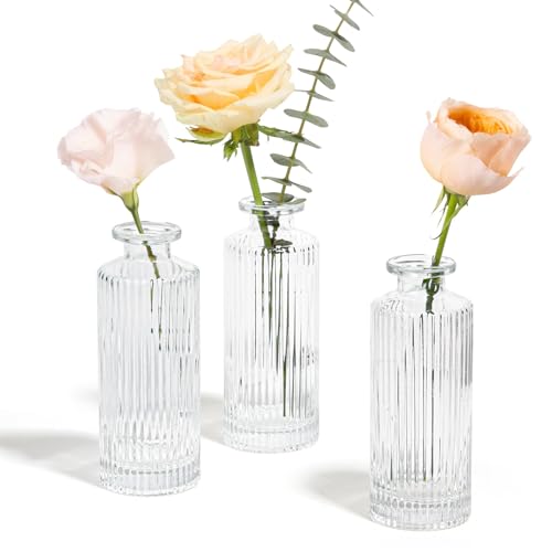 ComSaf Glass Bud Vases Set of 3, Small Flower Vases in Bulk, Mini Ribbed Vases for Centerpieces, Clear Vintage Vase for Table Decorations, Wedding, Party, Receptions, Home Decor (Different Sizes) - size: 3Pcs