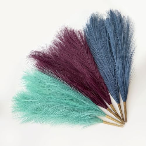 Pampas Grass Decor, Fluffy Faux Pampas Grass 6 Stem 18"/45cm Pompous Grass Small Flower Arrangement and Vase Filler for Boho Home Wedding Decoration - color: Lake Green& Deep Purple& Peacock Blue