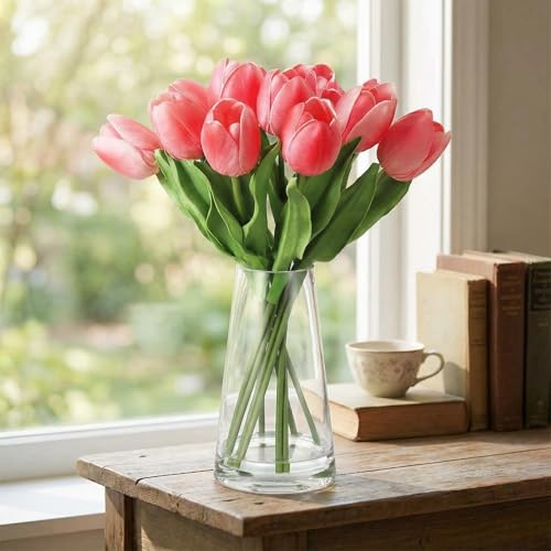 10 Pcs Artificial Tulips with Glass Vase, Real Touch PU Fake Tulip Stems for Easter, Spring, Wedding Bouquet, Home Centerpiece Floral Arrangement, and Table Décor (Magenta Red) - color: Magenta Red, size: Tulip, with Glass Vase