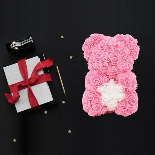 DuHouse 10 inch Rose Bear Artificial Plant for Anniversary, Birthdays, Bridal Showers - Fully Handmade, Unique Gift Box(Pink White Heart) - color: Pink White Heart