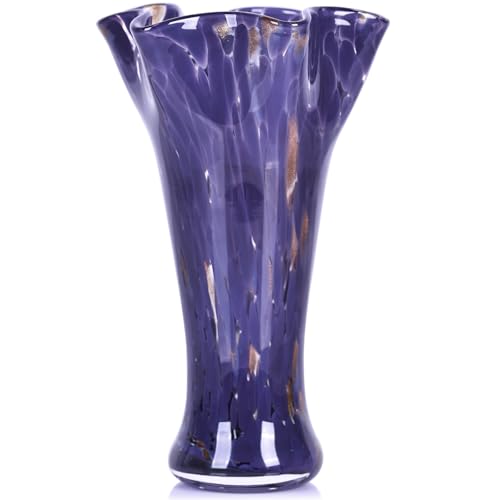 9.0" H Purple Glass Vases for Flowers, Unique Hand Blown Glass Vase Purple Home Decor, Wide Mouth Colorful Flower Vase Centerpieces, for Living Room Table Bookshelf, Bathroom Office Shelf Decorative - color: Purple