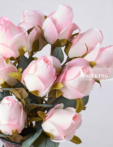 PONKING Rose Artificial Flower Buds 12pcs Realistic Faux Silk Roses Fake Flowers Bouquets Arrangements Decor for Wedding Spring Mother's Day, Home Table Decorations, Light Pink Flower - color: C 12pcs Light Pink Rose