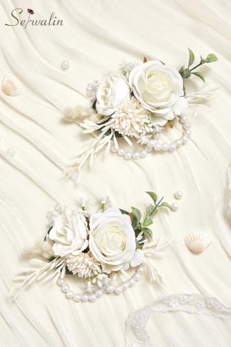 Serwalin 2 PCS White Wrist Corsage for Wedding, Corsages Wristlet for Bridesmaid Mother Grandmother Girl, Artificial Flowers for Prom Ceremony Homecoming Anniversary - color: A White, size: Corsage 2pcs